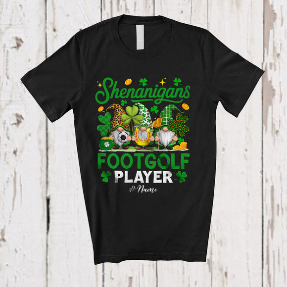 MacnyStore - Personalized Custom Name Shenanigans Footgolf Player; Lovely St. Patrick's Day 3 Leopard Gnomes T-Shirt