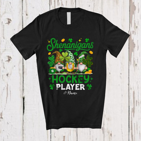 MacnyStore - Personalized Custom Name Shenanigans Hockey Player; Lovely St. Patrick's Day 3 Leopard Gnomes T-Shirt