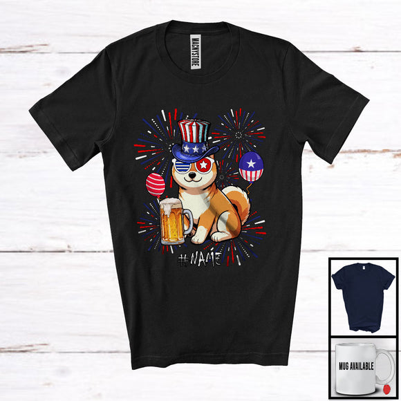 MacnyStore - Personalized Custom Name Shiba Inu Drinking Beer, Lovely 4th Of July Fireworks, Patriotic T-Shirt