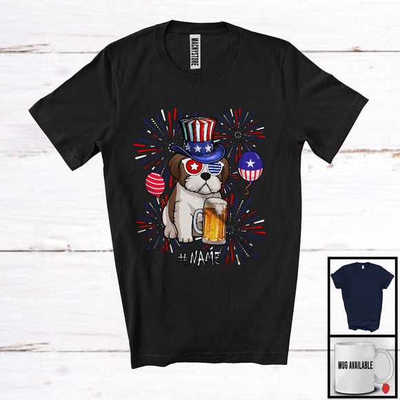 MacnyStore - Personalized Custom Name Shih Tzu Drinking Beer, Lovely 4th Of July Fireworks, Patriotic T-Shirt