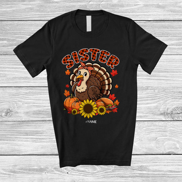 MacnyStore - Personalized Custom Name Sister; Lovely Thanksgiving Plaid Turkey Pumpkin Sunflower; Family T-Shirt