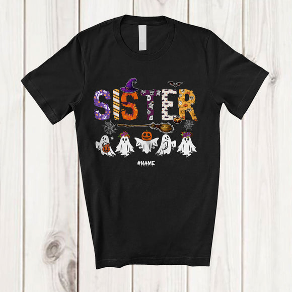 MacnyStore - Personalized Custom Name Sister; Spooky Halloween Boo Ghost Witch Sister; Family Group T-Shirt