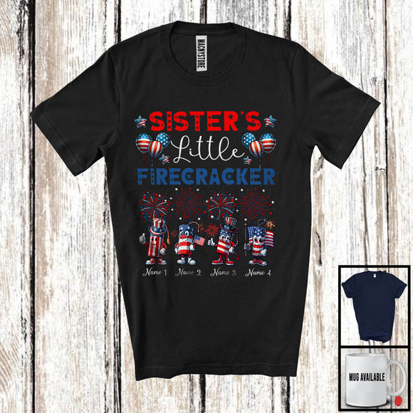 MacnyStore - Personalized Custom Name Sister's Little Firecracker, Proud 4th Of July Fireworks, Patriotic T-Shirt