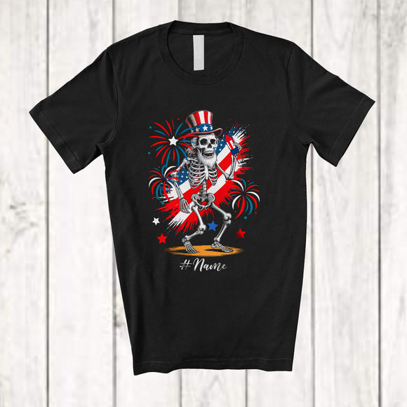 MacnyStore - Personalized Custom Name Skeleton American Flag Hat; Awesome 4th Of July US Flag Patriotic T-Shirt