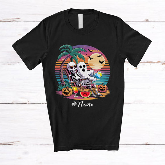 MacnyStore - Personalized Custom Name Skeleton And Ghost On Beach; Humorous Summer Vacation Hawaiian; Retro T-Shirt