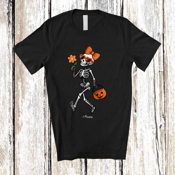 MacnyStore - Personalized Custom Name Skeleton Bobble Flower; Amazing Halloween Skeleton Bow Tie Pumpkin T-Shirt
