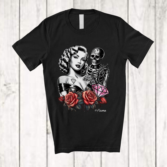 MacnyStore - Personalized Custom Name Skeleton Doing A Tattoo; Humorous Halloween Roses Women Girl Tattoo T-Shirt