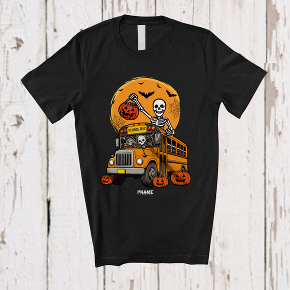 MacnyStore - Personalized Custom Name Skeleton Driving School Bus; Humorous Halloween Moon Candy Pumpkin T-Shirt