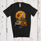 MacnyStore - Personalized Custom Name Skeleton Driving School Bus; Humorous Halloween Moon Candy Pumpkin T-Shirt