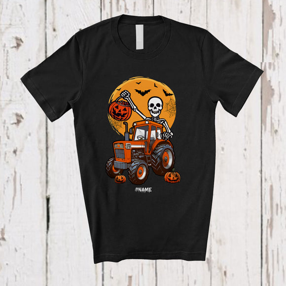 MacnyStore - Personalized Custom Name Skeleton Driving Tractor; Humorous Halloween Moon Candy Pumpkin T-Shirt
