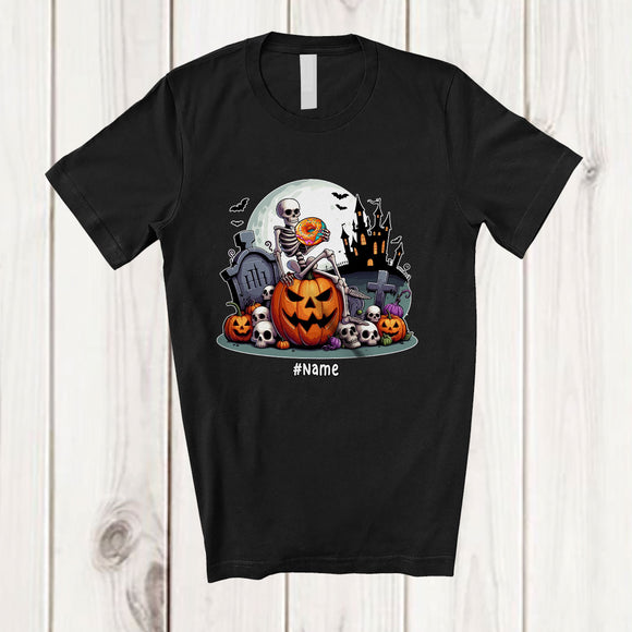MacnyStore - Personalized Custom Name Skeleton Eating Donut Sitting On Pumpkin; Creepy Halloween Food T-Shirt