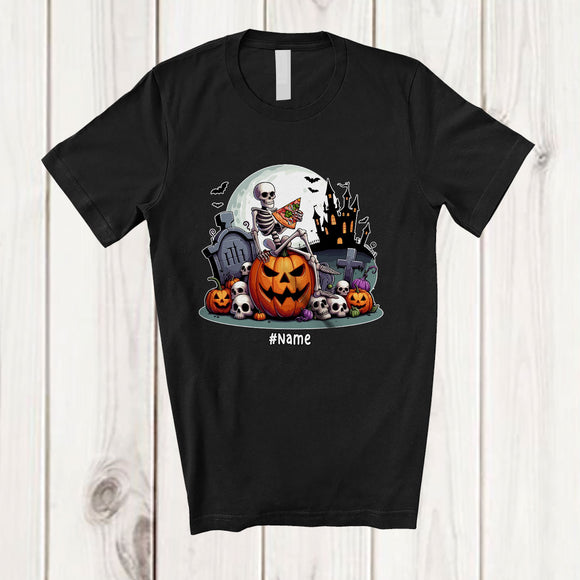 MacnyStore - Personalized Custom Name Skeleton Eating Pizza Sitting On Pumpkin; Creepy Halloween Food T-Shirt