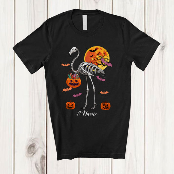 MacnyStore - Personalized Custom Name Skeleton Flamingo; Creepy Halloween Moon Pumpkin Candy; Girls Family T-Shirt