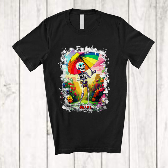 MacnyStore - Personalized Custom Name Skeleton LGBT Holding Umbrella; Joyful LGBTQ Gay Skeleton T-Shirt