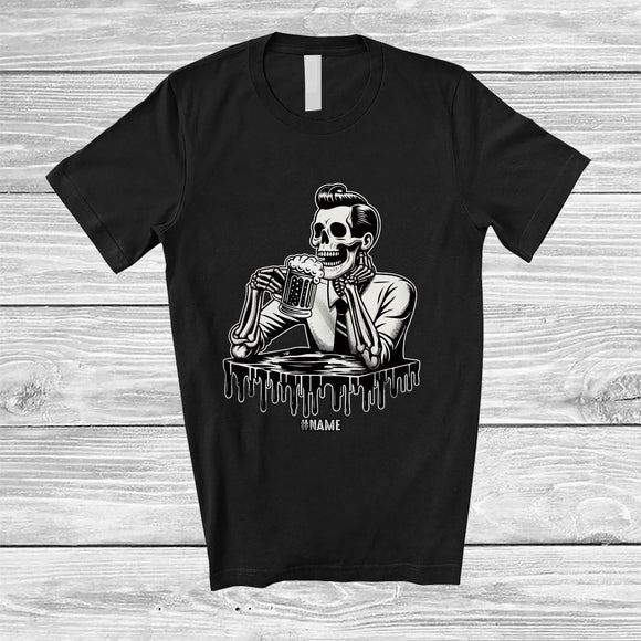 MacnyStore - Personalized Custom Name Skeleton Men Drinking Beer; Creepy Halloween Drunker T-Shirt