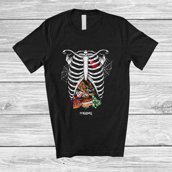 MacnyStore - Personalized Custom Name Skeleton Rib Cage With Pizza Inside; Joyful Halloween X-Ray Food T-Shirt