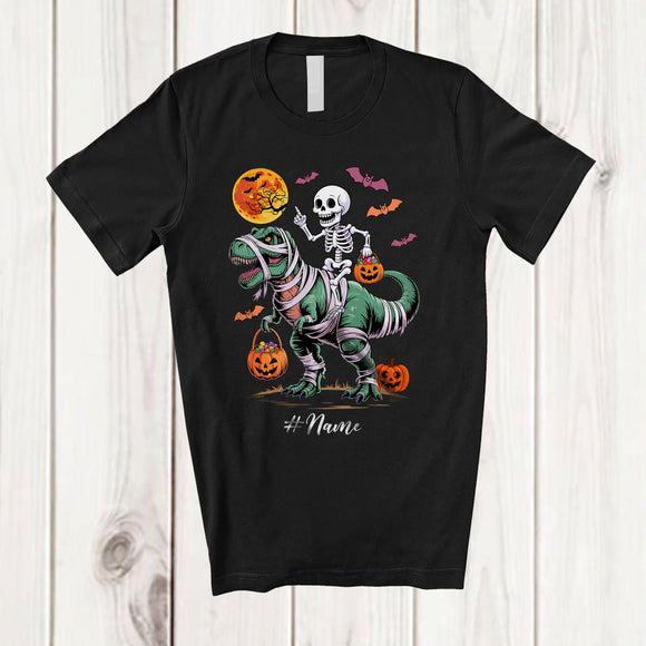 MacnyStore - Personalized Custom Name Skeleton Riding T-Rex Mummy; Scary Halloween Dinosaur Cosplay; Family T-Shirt