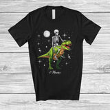 MacnyStore - Personalized Custom Name Skeleton Riding T-Rex; Humorous Halloween Skeleton Skull Dinosaur T-Shirt