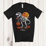 MacnyStore - Personalized Custom Name Skeleton T-Rex; Creepy Halloween Moon Pumpkin Candy; Boys Family T-Shirt
