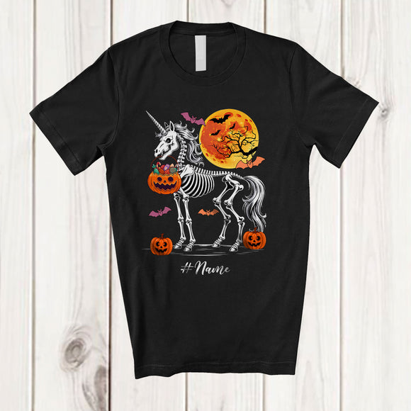 MacnyStore - Personalized Custom Name Skeleton Unicorn; Creepy Halloween Moon Pumpkin Candy; Girls Family T-Shirt