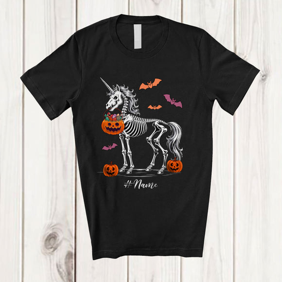 MacnyStore - Personalized Custom Name Skeleton Unicorn; Creepy Halloween Pumpkin Candy; Girls Family T-Shirt
