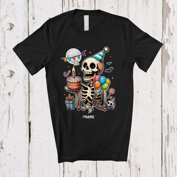 MacnyStore - Personalized Custom Name Skeleton With Birthday Cake; Awesome Halloween Birthday Party Family T-Shirt