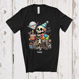 MacnyStore - Personalized Custom Name Skeleton With Birthday Cake; Awesome Halloween Birthday Party Family T-Shirt