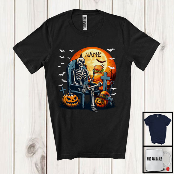 MacnyStore - Personalized Custom Name Skeleton With Hamburger, Amazing Halloween Pumpkin, Food Lover T-Shirt
