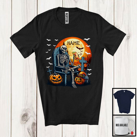 MacnyStore - Personalized Custom Name Skeleton With Sandwich, Amazing Halloween Pumpkin, Food Lover T-Shirt
