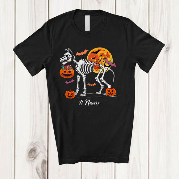 MacnyStore - Personalized Custom Name Skeleton Wolf; Creepy Halloween Moon Pumpkin Candy; Boys Family T-Shirt