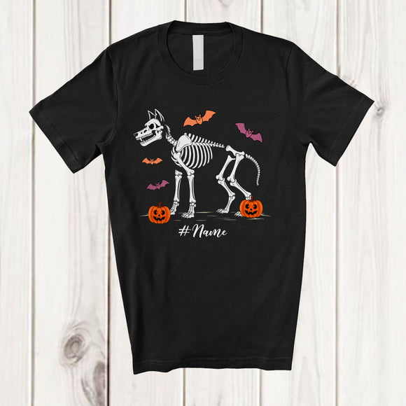 MacnyStore - Personalized Custom Name Skeleton Wolf; Creepy Halloween Pumpkin Candy; Boys Family T-Shirt