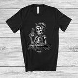 MacnyStore - Personalized Custom Name Skeleton Women Drinking Coffee; Creepy Halloween Messy Bun Hair T-Shirt