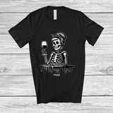 MacnyStore - Personalized Custom Name Skeleton Women Drinking Wine; Creepy Halloween Messy Bun Hair T-Shirt