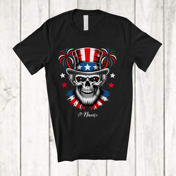 MacnyStore - Personalized Custom Name Skull American Flag Hat; Awesome 4th Of July US Flag Patriotic T-Shirt