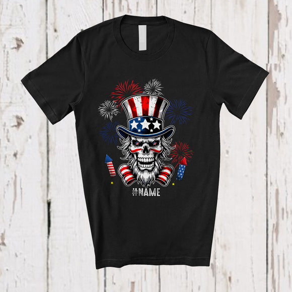 MacnyStore - Personalized Custom Name Skull Man Uncle Sam; Joyful 4th Of July US Flag Fireworks; Patriotic T-Shirt