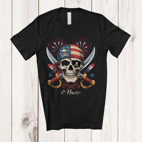 MacnyStore - Personalized Custom Name Skull Pirate US Flag; Amazing 4th Of July Marine Ocean Sea; Patriotic T-Shirt