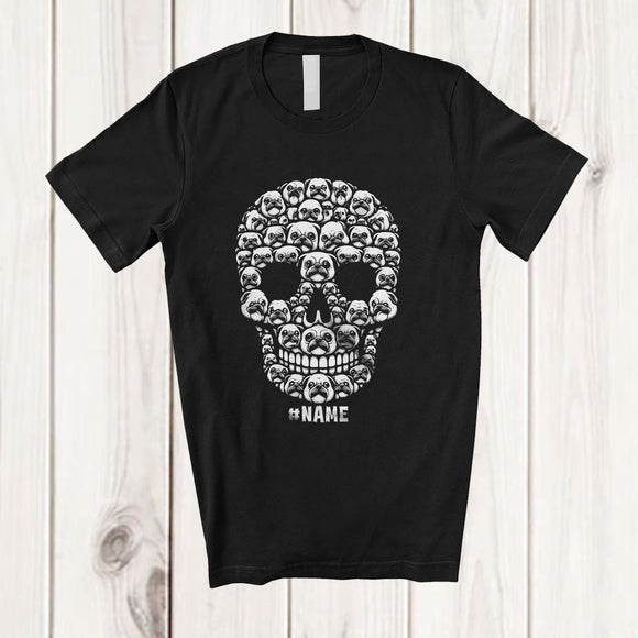 MacnyStore - Personalized Custom Name Skull Shape Pug Owner; Scary Halloween Animal Family T-Shirt