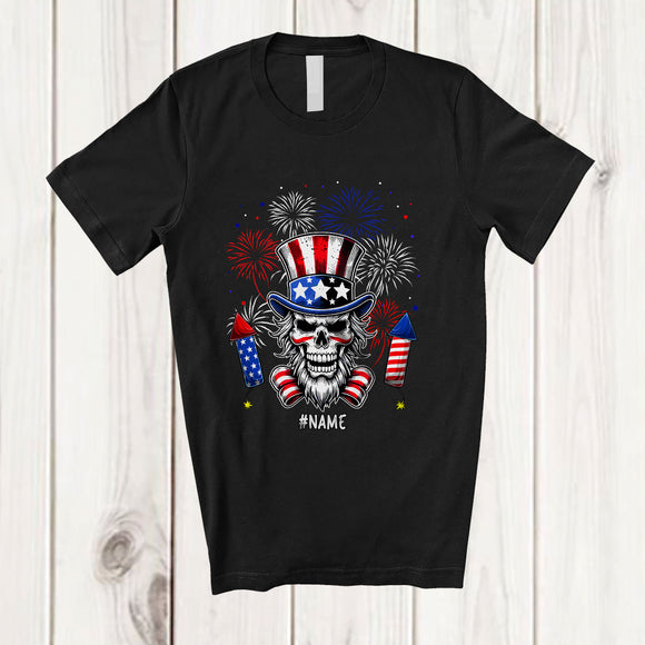 MacnyStore - Personalized Custom Name Skull With Fireworks; Amazing 4th Of July Family Patriotic T-Shirt