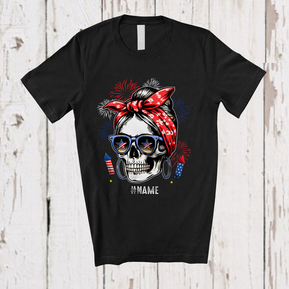 MacnyStore - Personalized Custom Name Skull Woman Messy Bun Hair; Joyful 4th Of July Fireworks; Patriotic T-Shirt