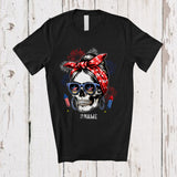 MacnyStore - Personalized Custom Name Skull Woman Messy Bun Hair; Joyful 4th Of July Fireworks; Patriotic T-Shirt