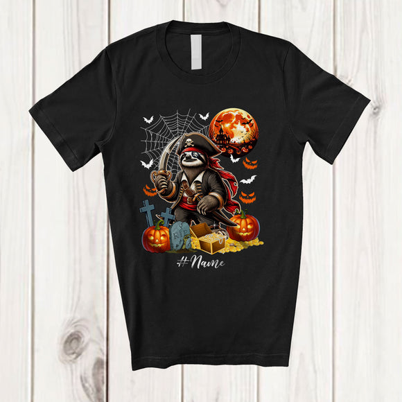 MacnyStore - Personalized Custom Name Sloth Pirate; Lovely Halloween Sloth Wild Animal Pumpkin T-Shirt