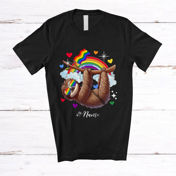 MacnyStore - Personalized Custom Name Sloth With Rainbow Sunglasses; Awesome LGBTQ Pride Gay Flag Sloth T-Shirt