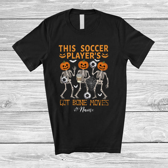 MacnyStore - Personalized Custom Name Soccer Player's Got Bone Moves; Joyful Halloween Pumpkin Skeletons T-Shirt