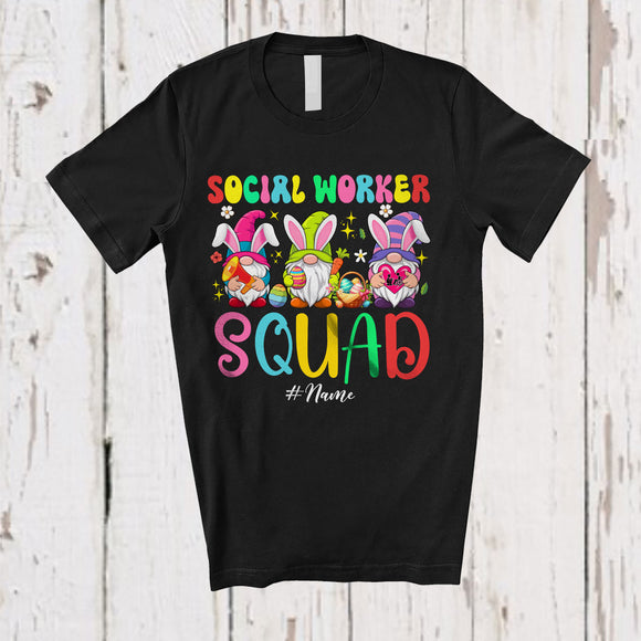 MacnyStore - Personalized Custom Name Social Worker Squad; Awesome Easter Three Bunny Gnomes; Egg Hunting T-Shirt