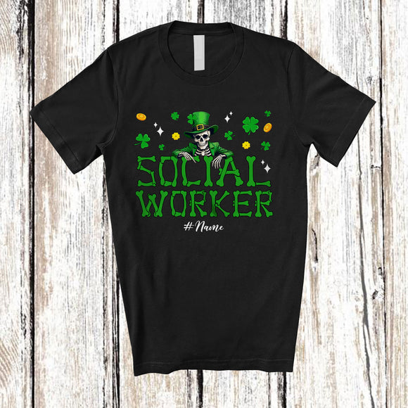 MacnyStore - Personalized Custom Name Social Worker; Fantastic St. Patrick's Day Leprechaun Skeleton T-Shirt