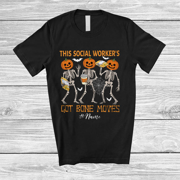 MacnyStore - Personalized Custom Name Social Worker's Got Bone Moves; Joyful Halloween Pumpkin Skeletons T-Shirt