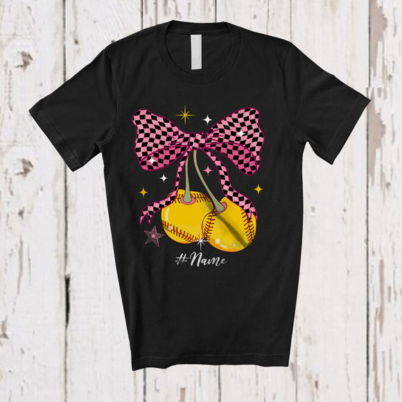 MacnyStore - Personalized Custom Name Softball Cherries Bow Tie Girl Women; Amusing Softball Player Team T-Shirt