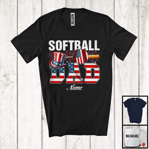 MacnyStore - Personalized Custom Name Softball Dad, Proud 4th Of July USA Flag Sport, Patriotic Family T-Shirt