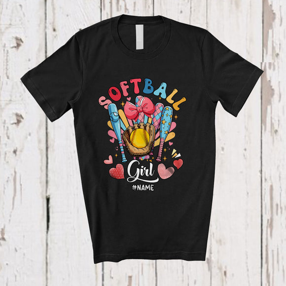 MacnyStore - Personalized Custom Name Softball Girl; Colorful Plaid Hearts Softball Collection; Women Family T-Shirt