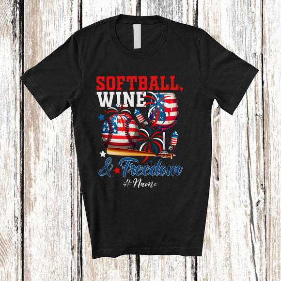 MacnyStore - Personalized Custom Name Softball Wine Freedom; Joyful 4th of July Drinking Player; Patriotic T-Shirt